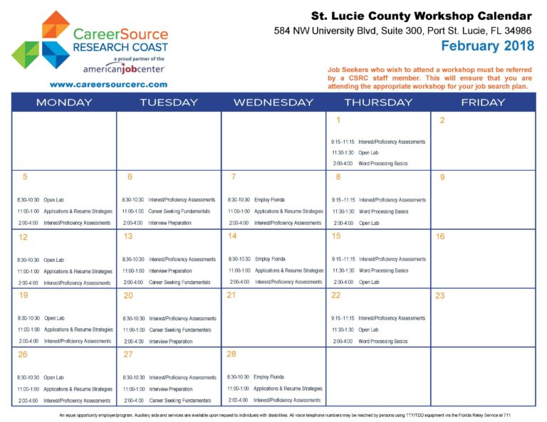 SLC CalendarFebruary 2018 CareerSource Research Coast